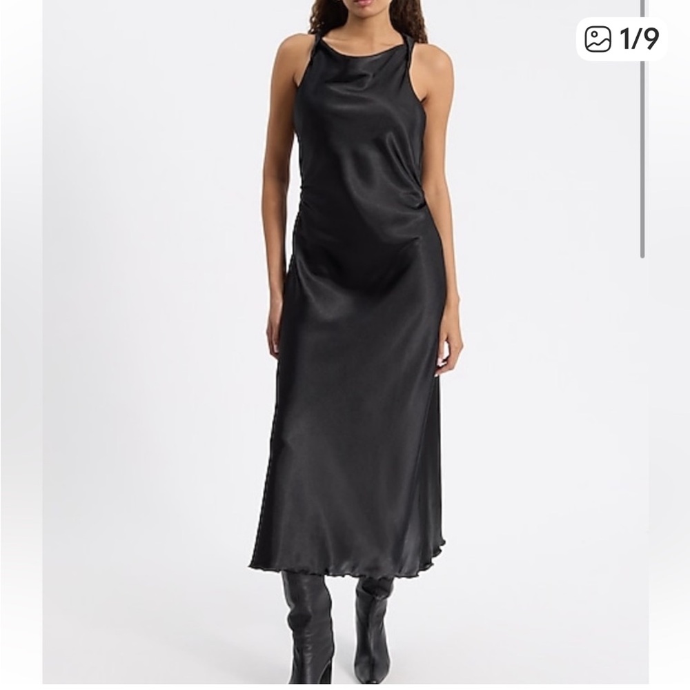 Express Elegant Black Satin Midi Dress